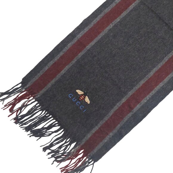 Gucci Vintage Gray & Burgundy Stripe Scarf w Embroidered Bee Logo - Picture 5 of 11